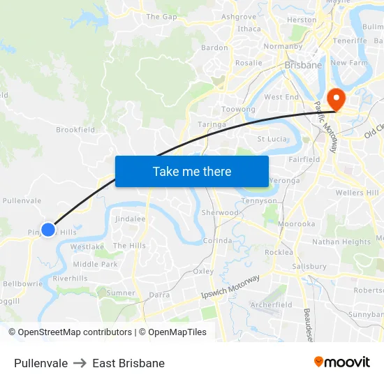 Pullenvale to East Brisbane map