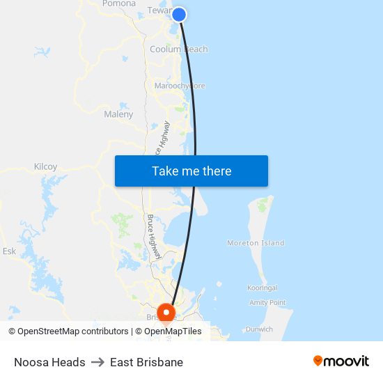 Noosa Heads to East Brisbane map