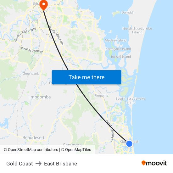 Gold Coast to East Brisbane map