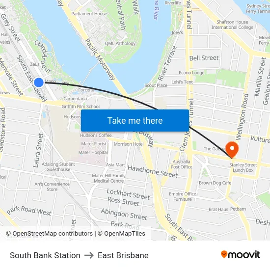 South Bank Station to East Brisbane map