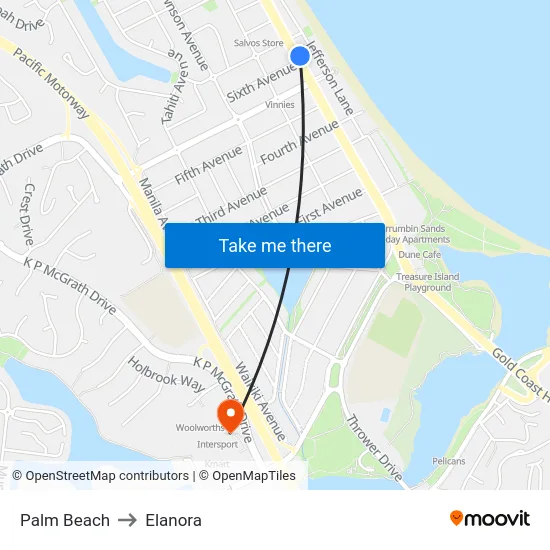 Palm Beach to Elanora map