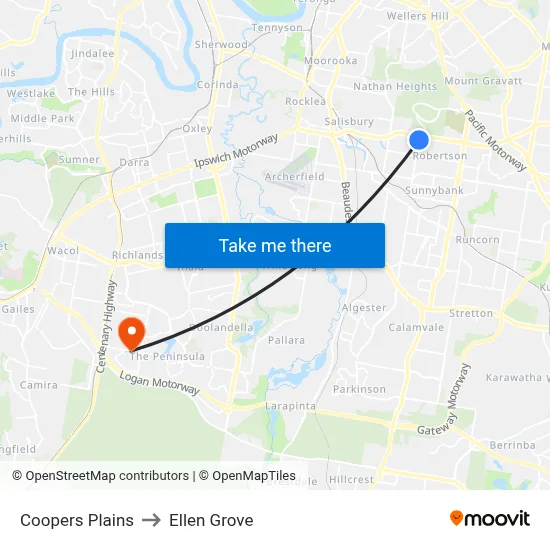 Coopers Plains to Ellen Grove map