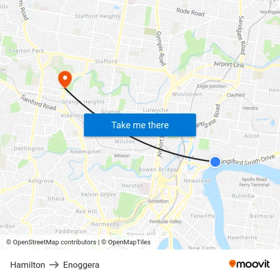 Hamilton to Enoggera map