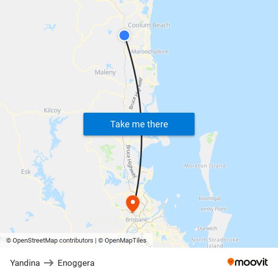 Yandina to Enoggera map