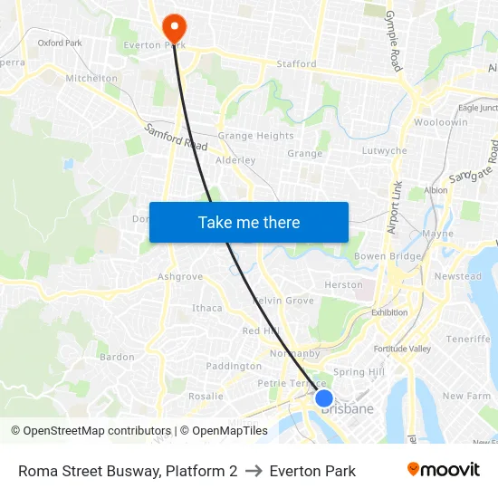 Roma Street Busway, Platform 2 to Everton Park map