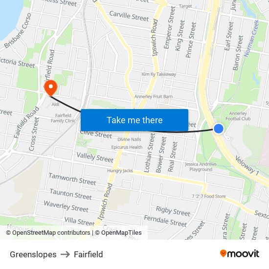 Greenslopes to Fairfield map