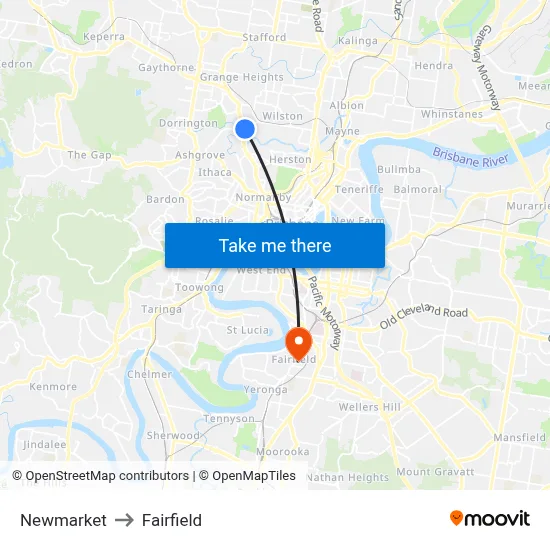 Newmarket to Fairfield map