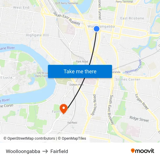 Woolloongabba to Fairfield map