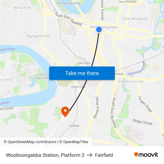 Woolloongabba Station, Platform 2 to Fairfield map