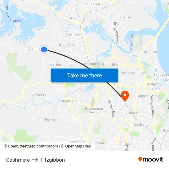 Cashmere to Fitzgibbon map