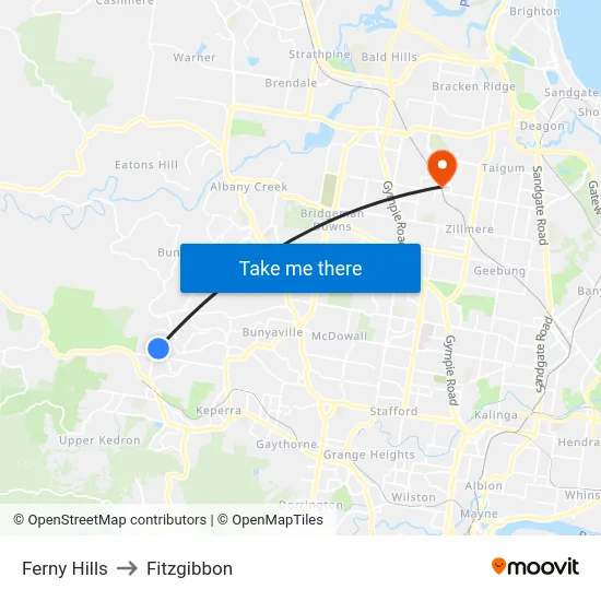 Ferny Hills to Fitzgibbon map