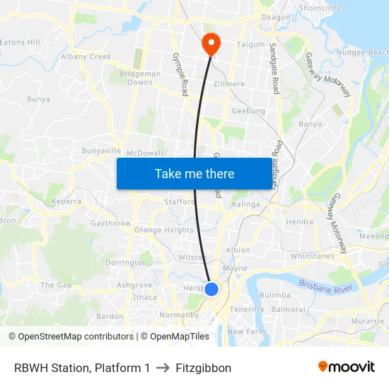 RBWH Station, Platform 1 to Fitzgibbon map