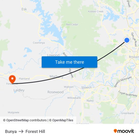 Bunya to Forest Hill map