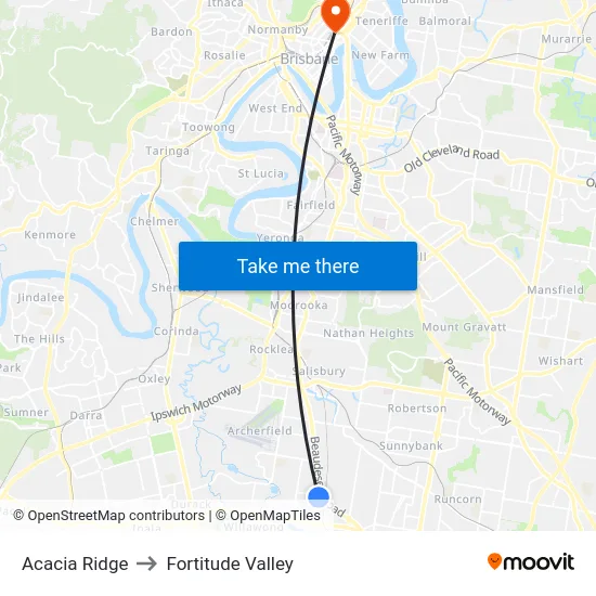 Acacia Ridge to Fortitude Valley map