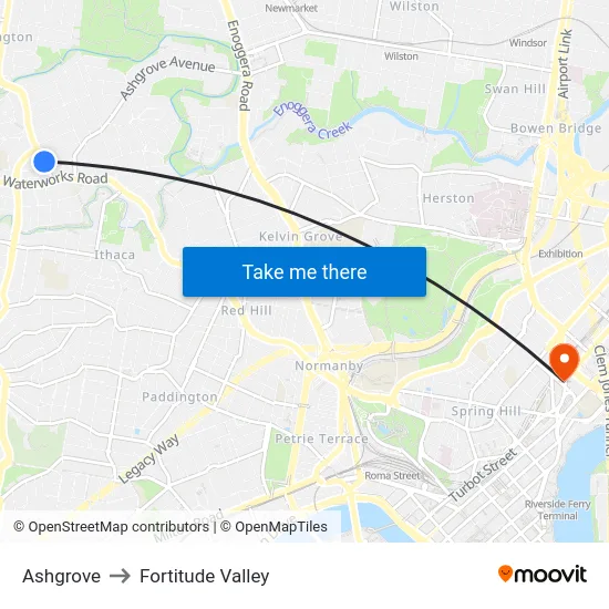 Ashgrove to Fortitude Valley map