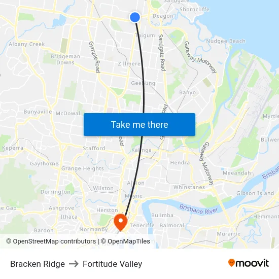 Bracken Ridge to Fortitude Valley map