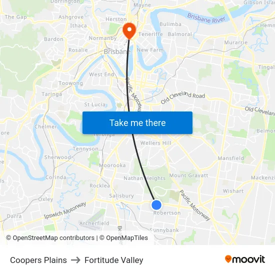 Coopers Plains to Fortitude Valley map