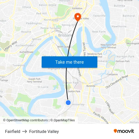 Fairfield to Fortitude Valley map