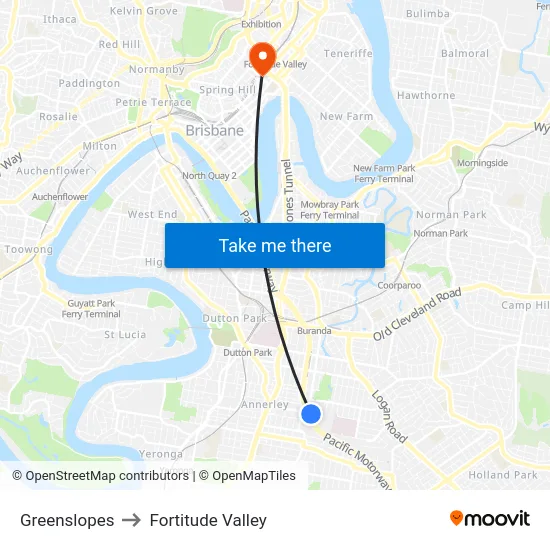 Greenslopes to Fortitude Valley map