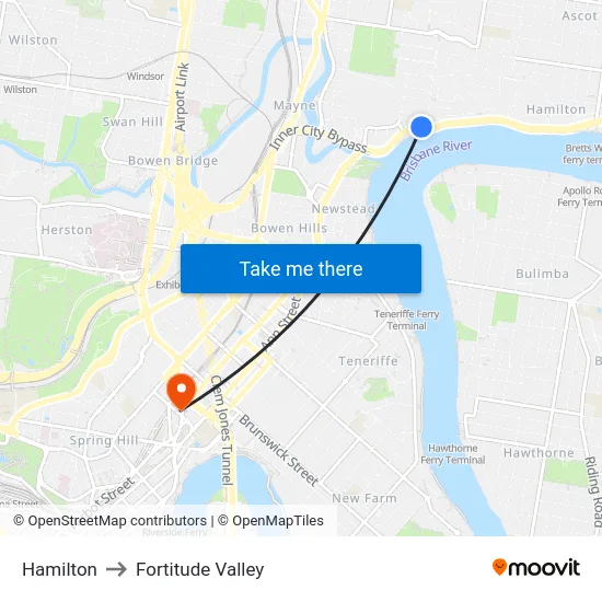 Hamilton to Fortitude Valley map