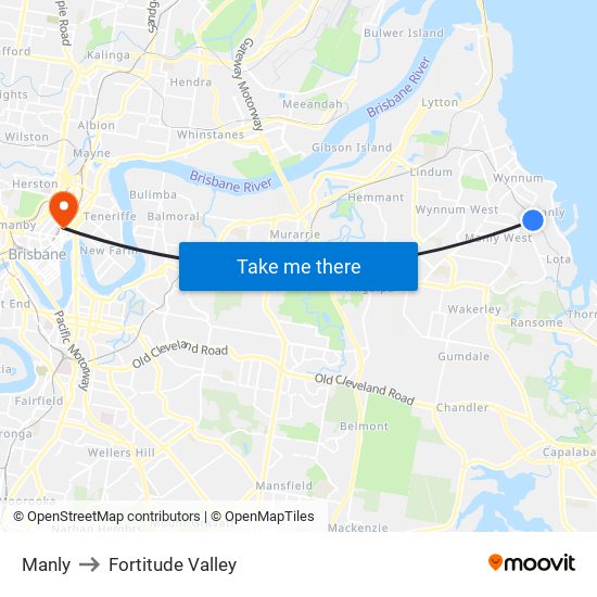 Manly to Fortitude Valley map