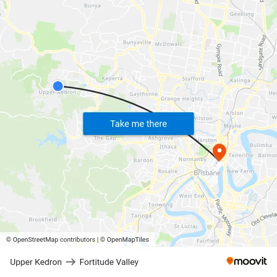 Upper Kedron to Fortitude Valley map