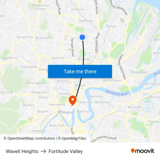 Wavell Heights to Fortitude Valley map