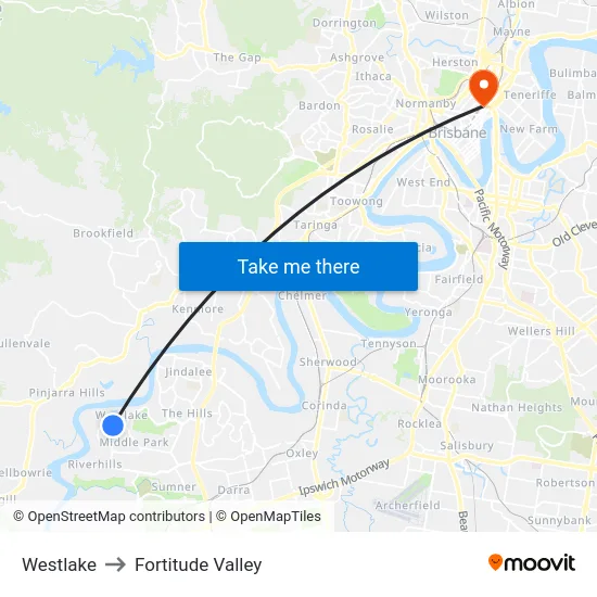 Westlake to Fortitude Valley map