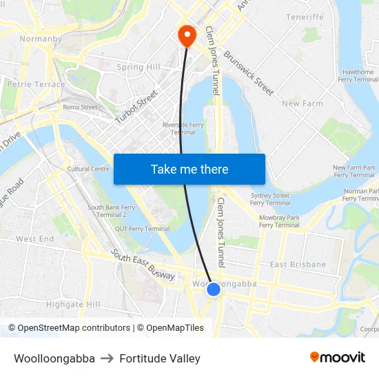 Woolloongabba to Fortitude Valley map
