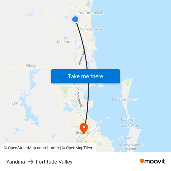 Yandina to Fortitude Valley map
