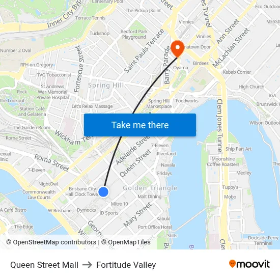 Queen Street Mall to Fortitude Valley map