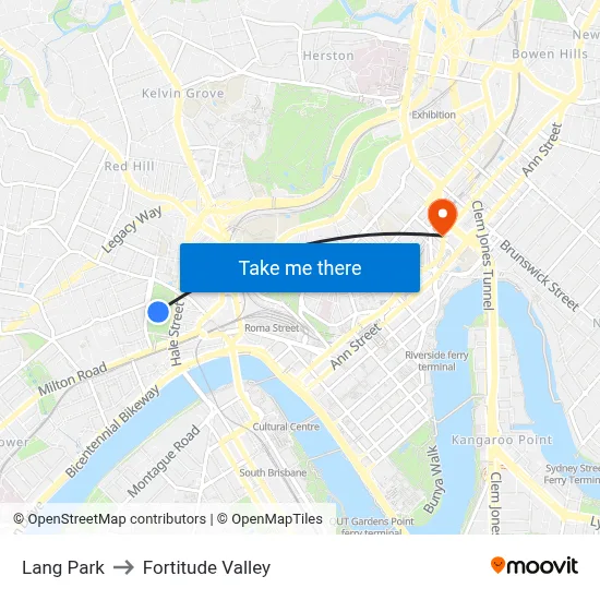 Lang Park to Fortitude Valley map