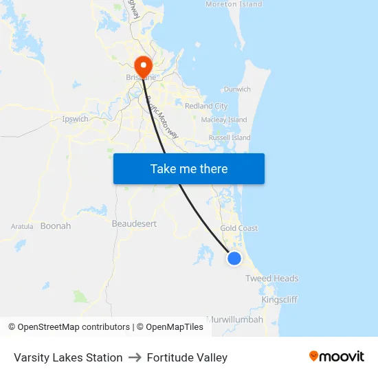 Varsity Lakes Station to Fortitude Valley map