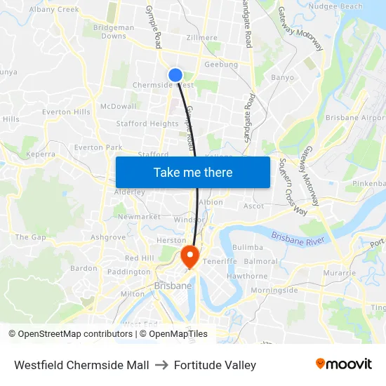 Westfield Chermside Mall to Fortitude Valley map