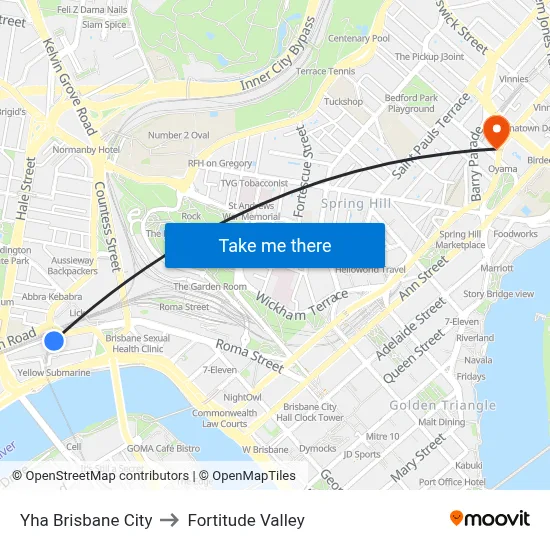 Yha Brisbane City to Fortitude Valley map