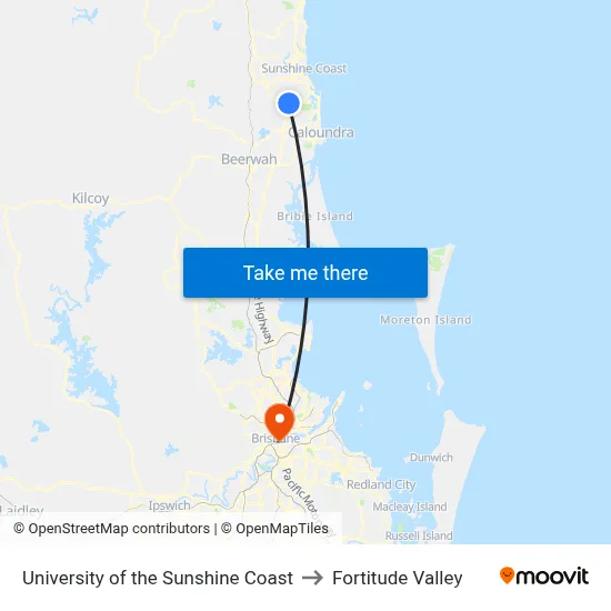 University of the Sunshine Coast to Fortitude Valley map