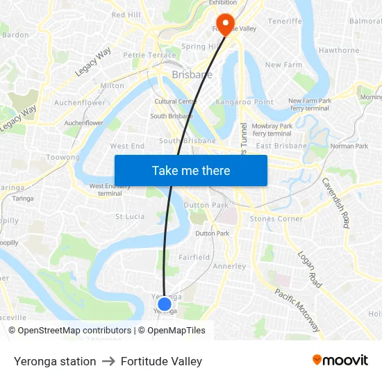 Yeronga station to Fortitude Valley map