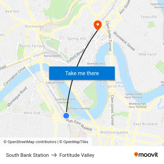 South Bank Station to Fortitude Valley map