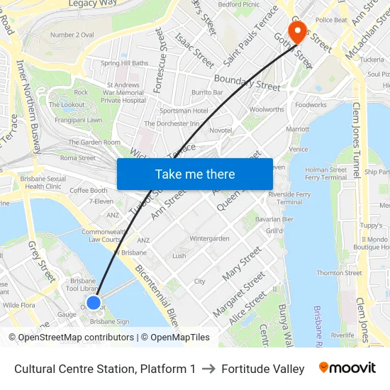 Cultural Centre Station, Platform 1 to Fortitude Valley map