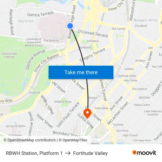 RBWH Station, Platform 1 to Fortitude Valley map