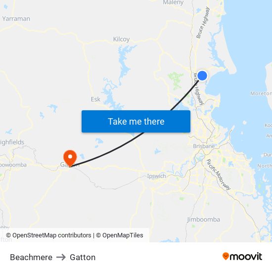 Beachmere to Gatton map