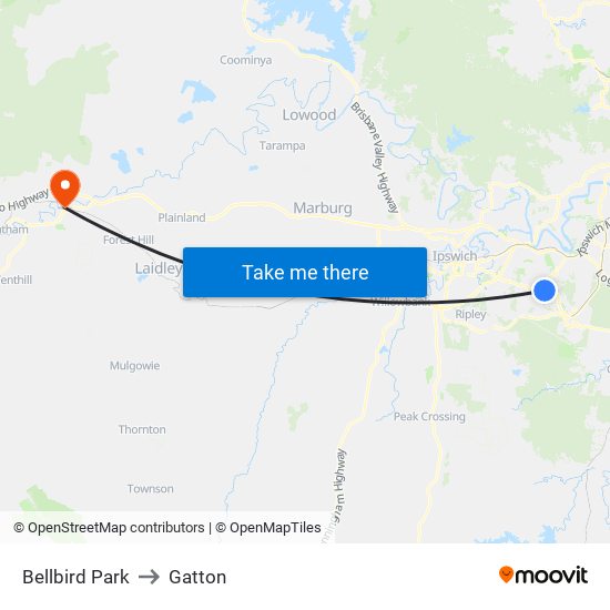 Bellbird Park to Gatton map