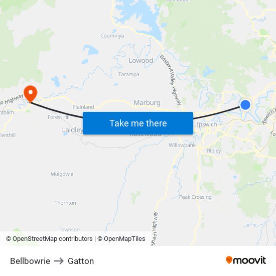 Bellbowrie to Gatton map