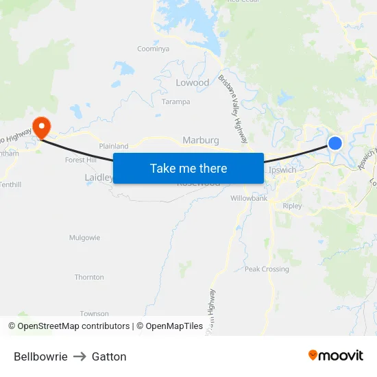 Bellbowrie to Gatton map