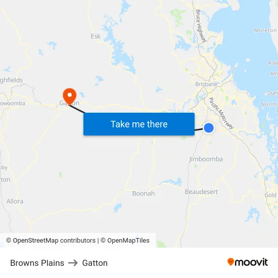 Browns Plains to Gatton map