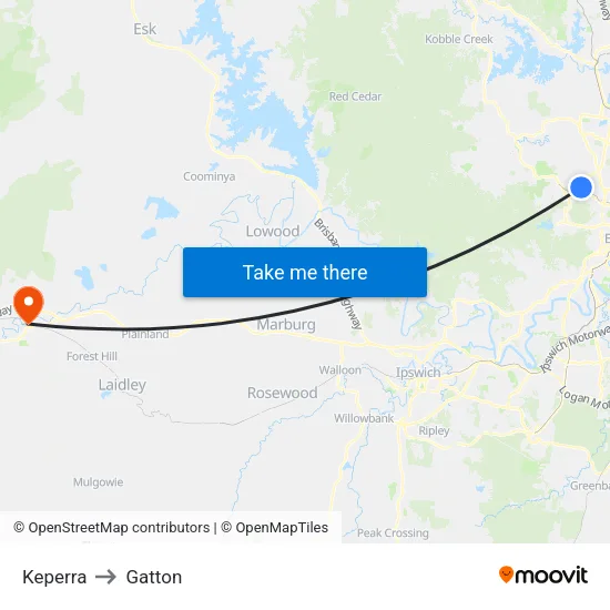 Keperra to Gatton map