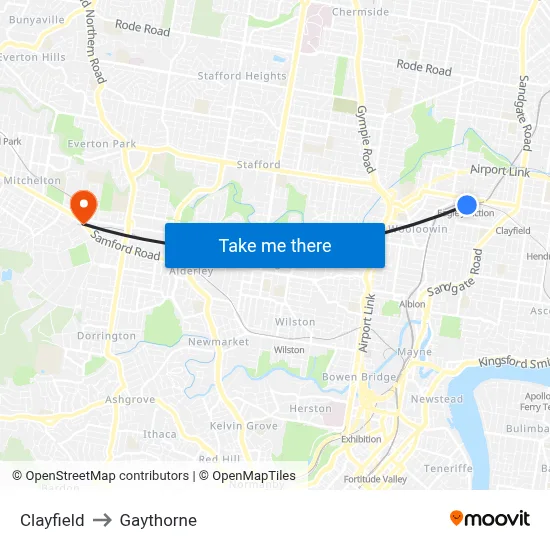 Clayfield to Gaythorne map