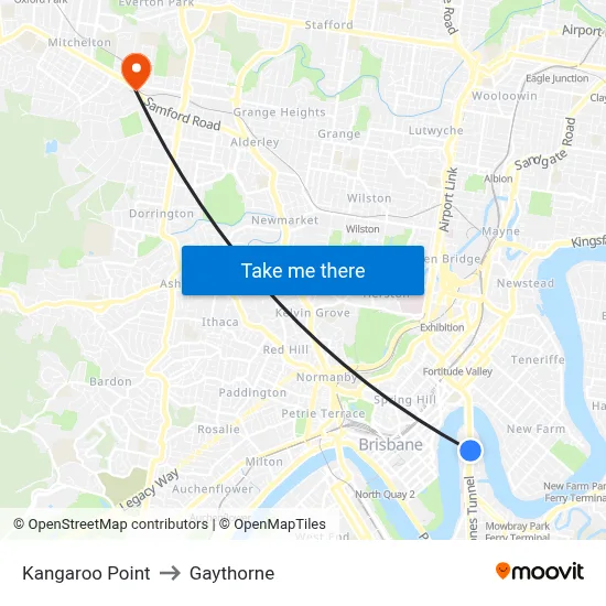 Kangaroo Point to Gaythorne map