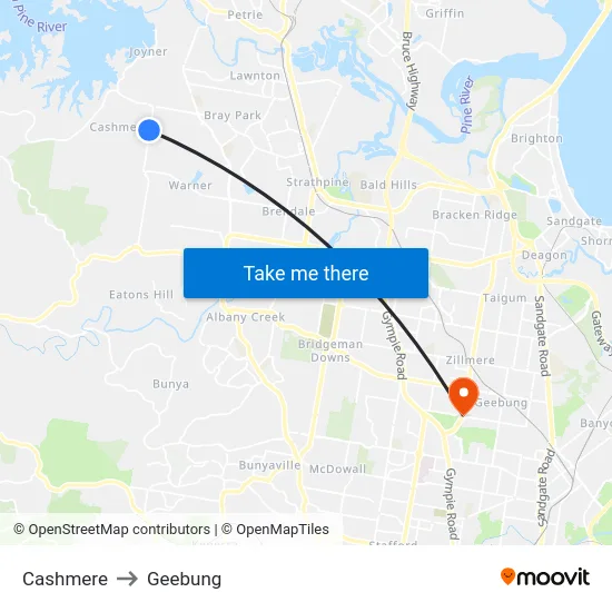 Cashmere to Geebung map