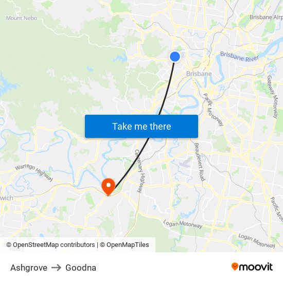 Ashgrove to Goodna map